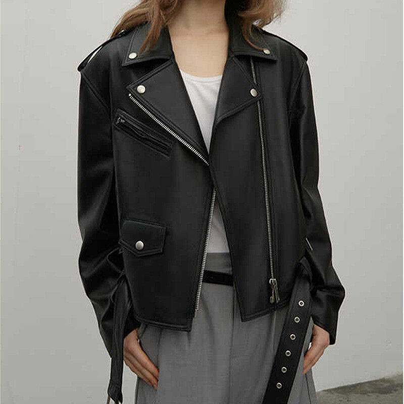 여성용 가죽 재킷, 유럽 및 미국 스타일, 루즈 프로파일 견장, 오토바이 짧은 벨트 지퍼, 양가죽 코트