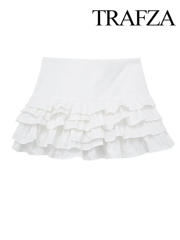 TRAFZA Female 2024 Chic Summer Vintage White High Waist Ruffle Skirt Women Fashion Zipper Folds Slim Sweet Mini Skirts Y2K