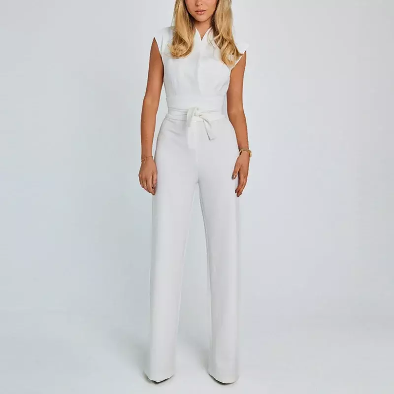 Spring Plain Elegant All-Match Jumpsuit Sexy V Neck Belted Business Casual Women Outfits Summer Sleeveless Wide Leg Pants Romper