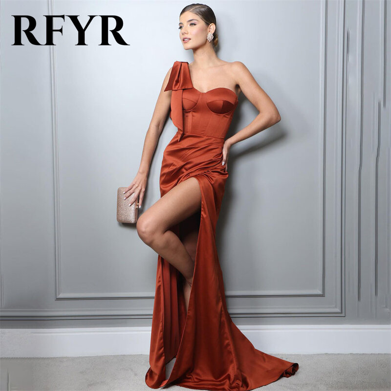 RFYR Burnt Orange Evening Dresses One Shoulder Party Dress Floor Lenght Satin Prom Gown Side Split Trumpet Vestidos De Noche