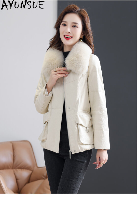 AYUNSUE jaket kulit asli wanita, jaket kulit domba asli kerah bulu rubah putih bebek musim dingin
