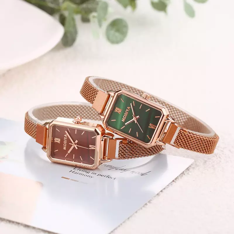 Orologi da donna Fashion Square Ladies Quartz Watch cinturino magnetico quadrante verde Simple Rose Gold Mesh orologi da donna di lusso