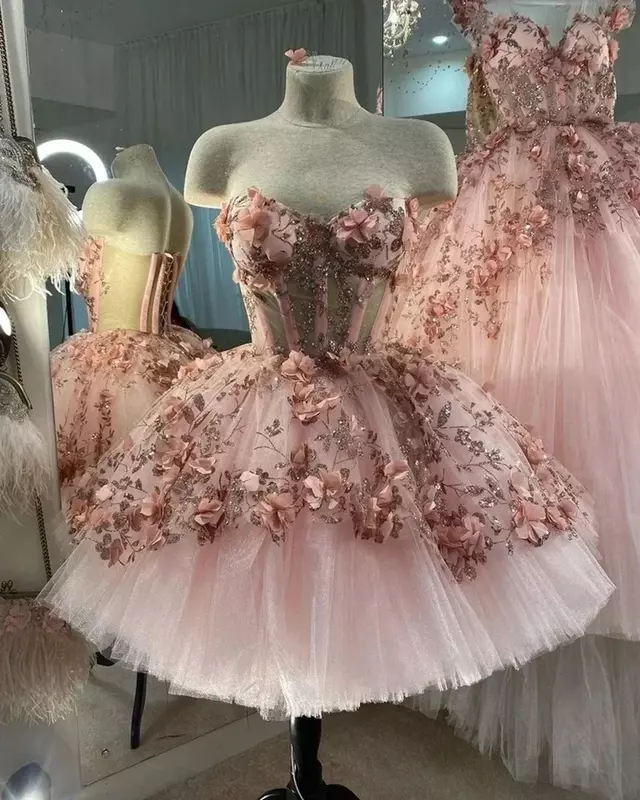 プリンセスQuinceaneraドレス、ピンク2スタイル、甘い15パーティーペタパンツ、3Dレースビーズチュール、ピンセットネックコード、新しい