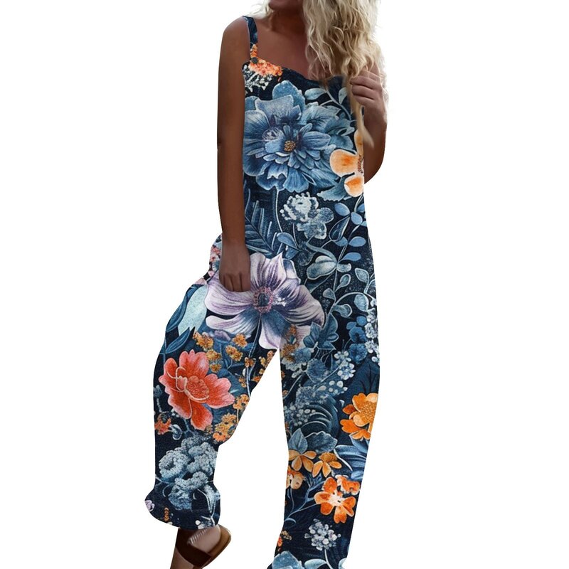 Women's Fashion Jumpsuits Summer Sweet Loose Casual Printed Retro Strappy Jumpsuit High Quality Vintage Pants macacão feminino