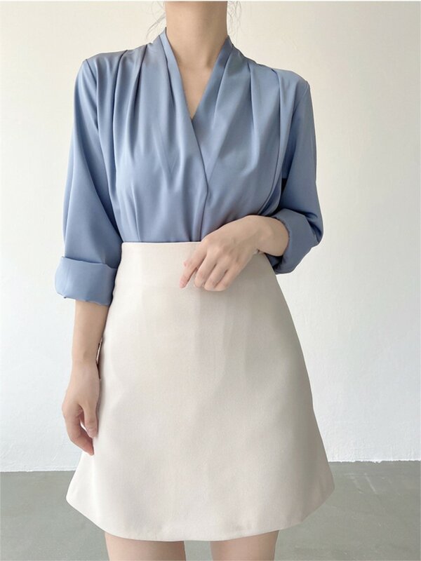 5XL เสื้อเชิ้ตทางการผ้าไหมผู้หญิงคอวีพับได้เสื้อสตรีทเกาหลีเสื้อเชิ๊ตสตรีผ้าชีฟอง6XL ฤดูใบไม้ร่วงแขนยาวผ้าซาตินหรูหราสง่างาม