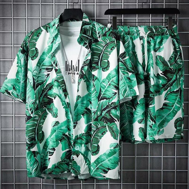 Male Shirt Shorts Set Tropical Leaves Print Hawaiian Style Shirt Shorts Set with Elastic Drawstring Waist Pockets 2 for Men