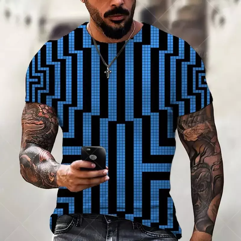 T-shirt à manches courtes à carreaux College en 3D pour hommes, haut à col rond, mode de rue rétro, rayé, été