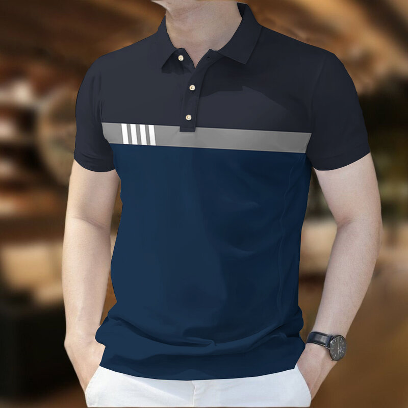 T-shirt Polo pria, pakaian bisnis atasan Polo kasual lengan pendek bercetak Polo musim panas modis pria