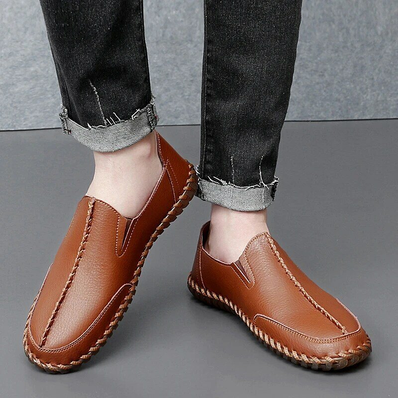 Sapatos de couro casuais masculinos, dedo do pé redondo sobre fundo macio, sapatilhas masculinas, costura, ao ar livre, diariamente, plus size, 2023