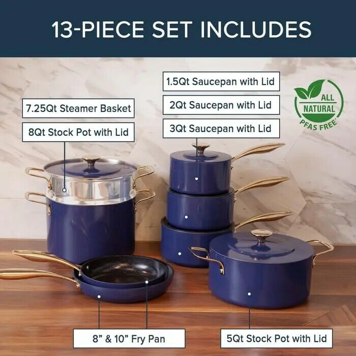 13 buah Set peralatan masak edisi mewah biru Duralon, pelapis keramik antilengket infusi berlian, sehat, pegangan tetap dingin