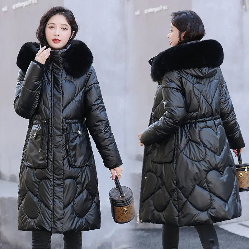 Abrigo largo con capucha para mujer, parka cálida de piel grande, chaqueta de algodón, ropa de invierno, novedad de 2023