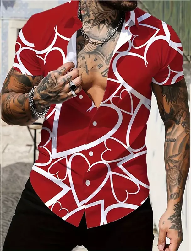 Рубашка мужская стрейчевая с коротким рукавом, отложным воротником и забавным графическим принтом