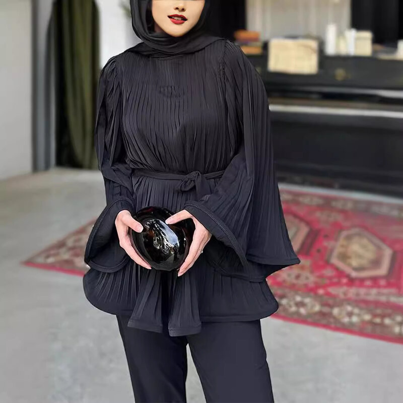 Terno casual feminino de duas peças, top folgado plissado com babados, calça elástica na cintura, moda em Dubai no Oriente Médio, cor sólida, 2022