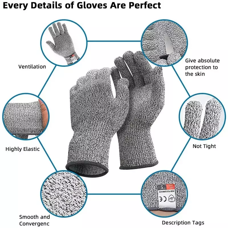 HPPE Nivel 5 guantes de seguridad anticorte, alta resistencia, industria, cocina, jardinería, antiarañazos, anticorte, corte de vidrio, multiusos