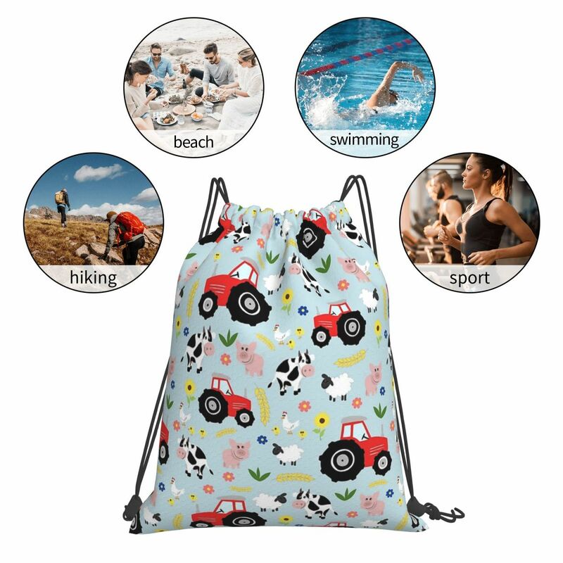 Cute Kids Red Tractor Farm Animal Pattern Backpacks Fashion Portable Drawstring Bags Sports Bag Book Bags For Man Woman Students