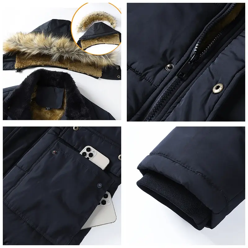 Jaqueta masculina grossa à prova de vento, gola de pele com capuz, parka quente casual, casaco clássico, moda inverno, novo, 2023