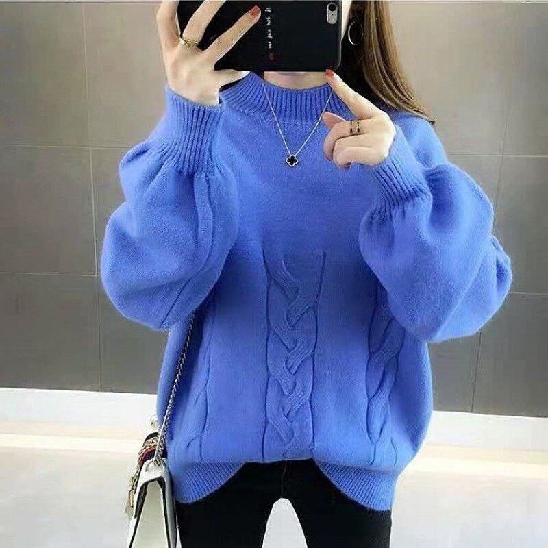 Damskie jesienno-zimowe nowe modne eleganckie jednolite kolory pół na szyję 3D koreański uniwersalny luźny sweter z długimi rękawami