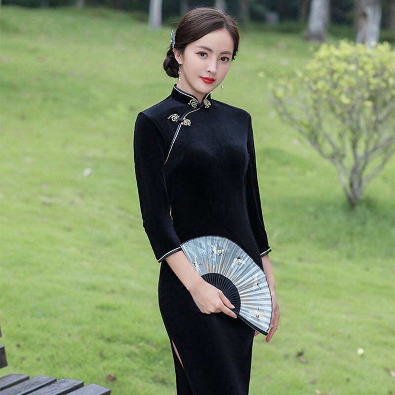 Cheongsam-vestido Qipao Retro de estilo chino para chica joven, vestido largo medio para fiesta diaria, 2022