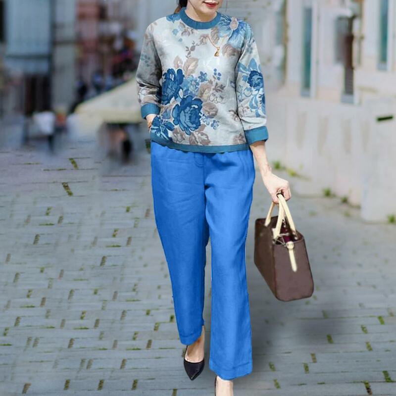 Loose Fit Women Casual Set Floral Print Women's T-shirt Pants Set with Wide Legs Pockets Stylish Spring/fall Suit for Female