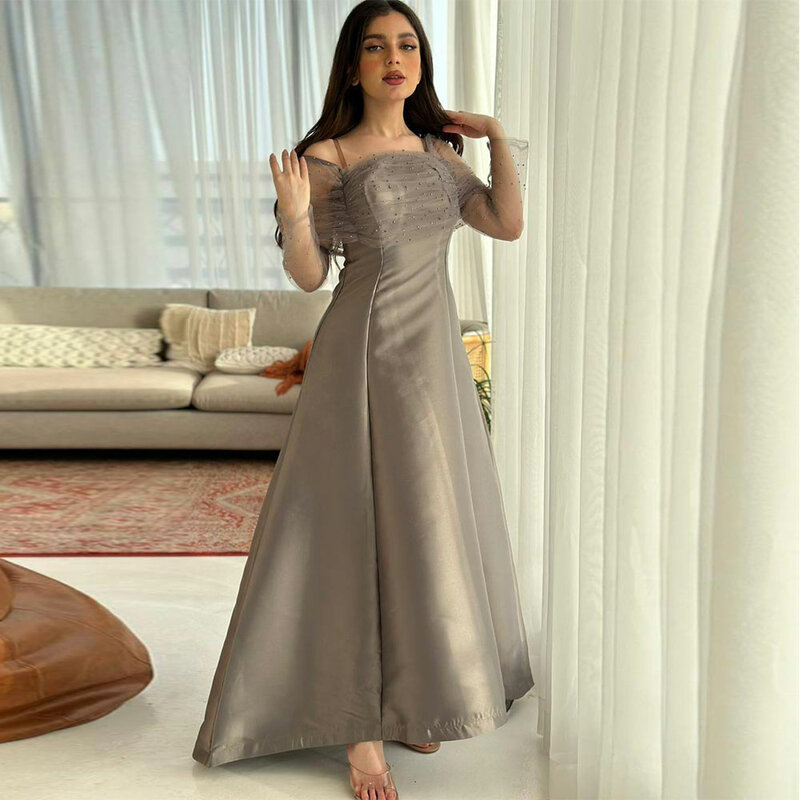 女性のためのヴィンテージのサテンのイブニングドレス,フレアカット,長袖,透明な生地,床の長さ,エレガント