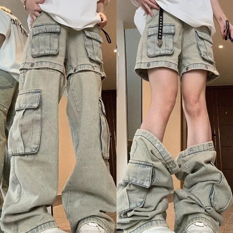 American Detachable Design Sense Tooling Loose Jeans Female Y2K Gothic Retro Fashion High Street Straight Feet Pants In Summer