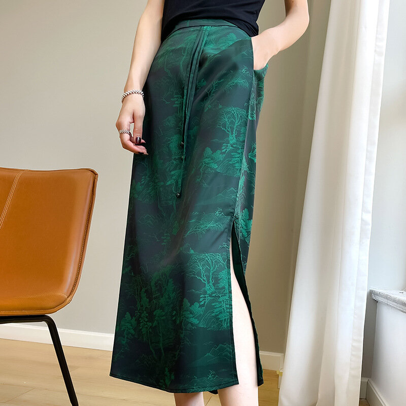 Satin Skirt Women's Summer Thin One-step Mid-length One-side Slit Chinese Style Retro Straight Skirt
