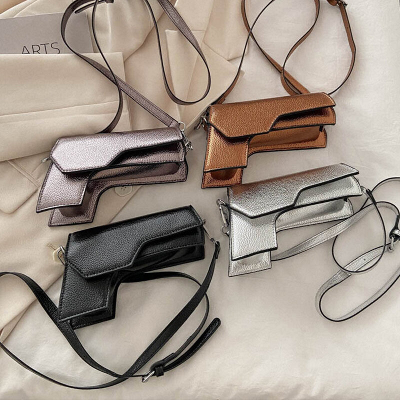 Tas selempang desain pistol kreatif tas bahu wanita warna logam tas kurir kotak lucu dompet lipstik kecil lucu 2024