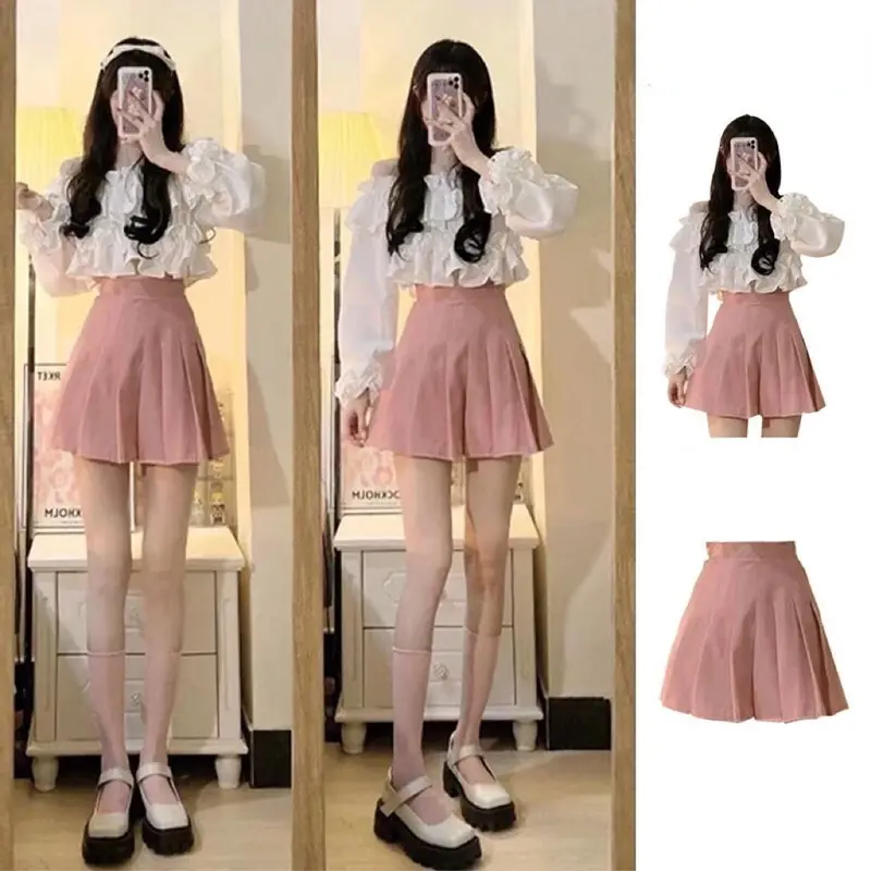 2023 Summer Sweet Spicy Short One Shoulder Shirt Women Bubble Sleeve Chiffon Shirt Pink Pleated Skirt Two-piece Set Y2K