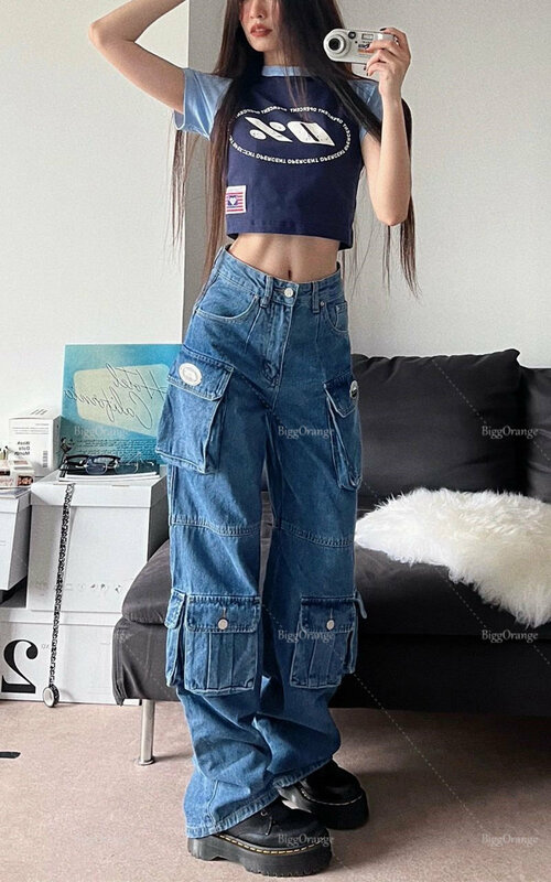 Jeans Terusan Multi Saku Amerika Celana Kaki Lebar Wanita 2022 Kargo Longgar Tabung Lurus Pinggang Tinggi Ukuran Besar Tinggi Baru