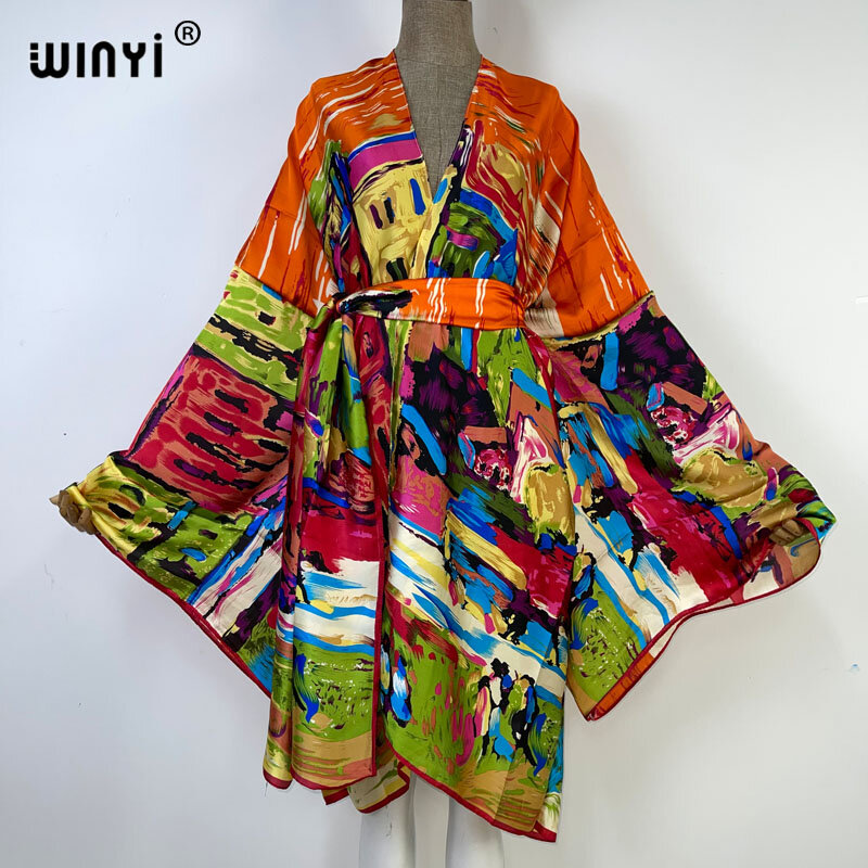Winyi 2022 Bohemian Gedrukt Self Belted Loose Zomer Elegante Strand Tuniek Gratis Size Kimono Vrouwen Street Wear Casual Maxi Jurk