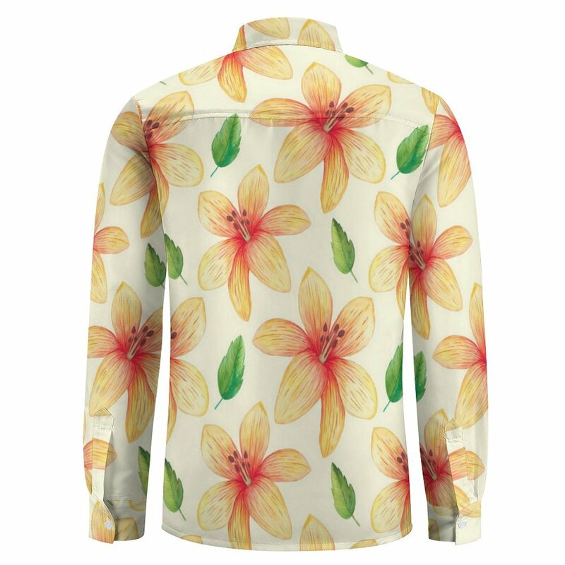Camisa casual floral com estampa lírio masculina, flores amarelas, camisa confortável, blusa elegante, manga longa, roupa extragrande personalizada, primavera