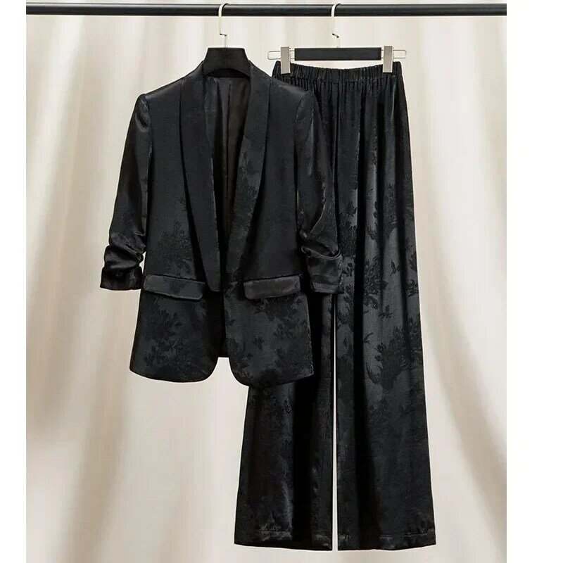 Women High Quality Stain Jacquard Suits Jacket Coat Blazer And Pant 2 Piece Set Matching Outfits Female Formal Occasion Clothes