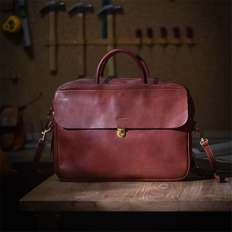 fashion vintage genuine leather men's women's briefcase business casual luxury natural real cowhide handbag work messenger bag
