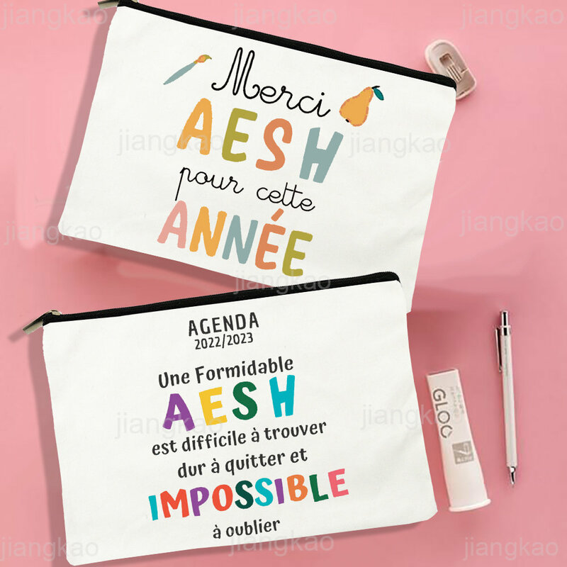 Merci AESH-Bolsa de maquillaje impresa para mujer, Neceser de viaje, organizador de artículos de tocador, bolsas de lápices escolares, regalos para AESH