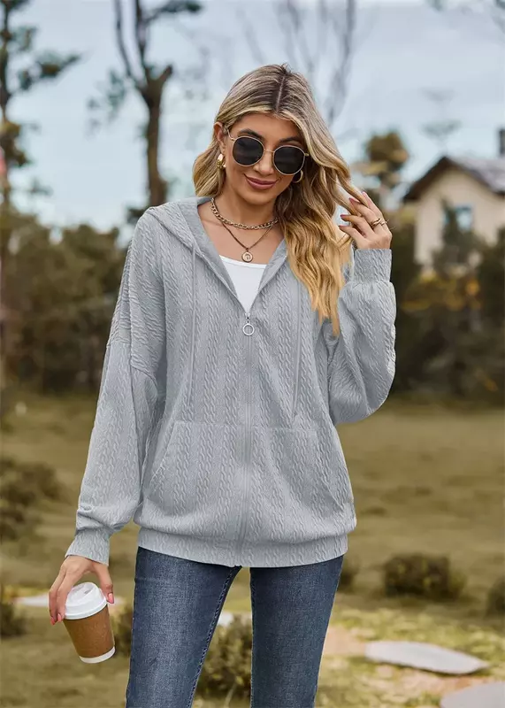 Sweet Style Women Zipper Cardigan Hoodie Long Sleeve Double Pockets Splicing Hem Hooded Sweatshirt Female Loose Casual Outerwear