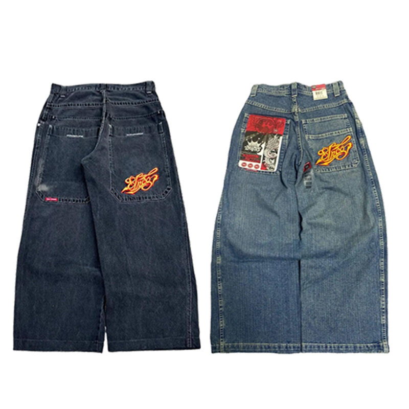 JNCO Jeans longgar untuk pria wanita, celana Jin kasual Harajuku bergaya antik bordir kualitas tinggi pinggang rendah untuk pria dan wanita
