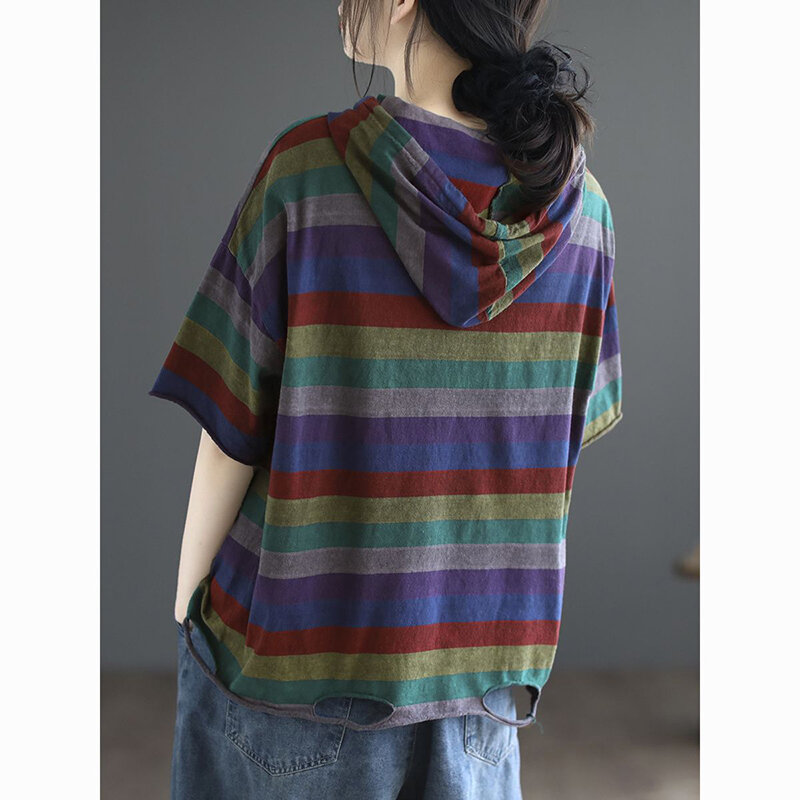 Fashion Color Striped Hole Lace Up Hooded Blouses Women Clothing 2024 Summer New Loose All-match Short Sleeve Tops Casual Shirts