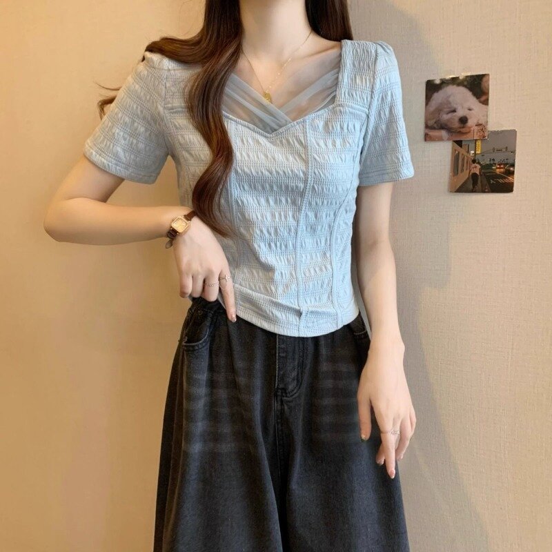 Camisetas elegantes de manga corta para mujer, Jersey fruncido de gasa con cuello cuadrado, Color sólido, Tops estándar, 2024