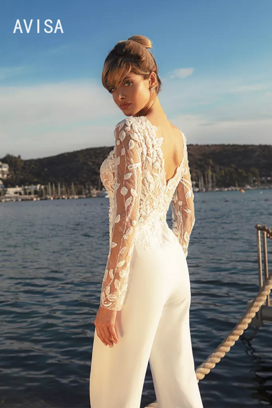 Eleganckie kombinezony ślubne suknie z łopatkami tiulowymi z odpinanym trenem 2024 suknia ślubna suknia ślubna Vestido De Noiva
