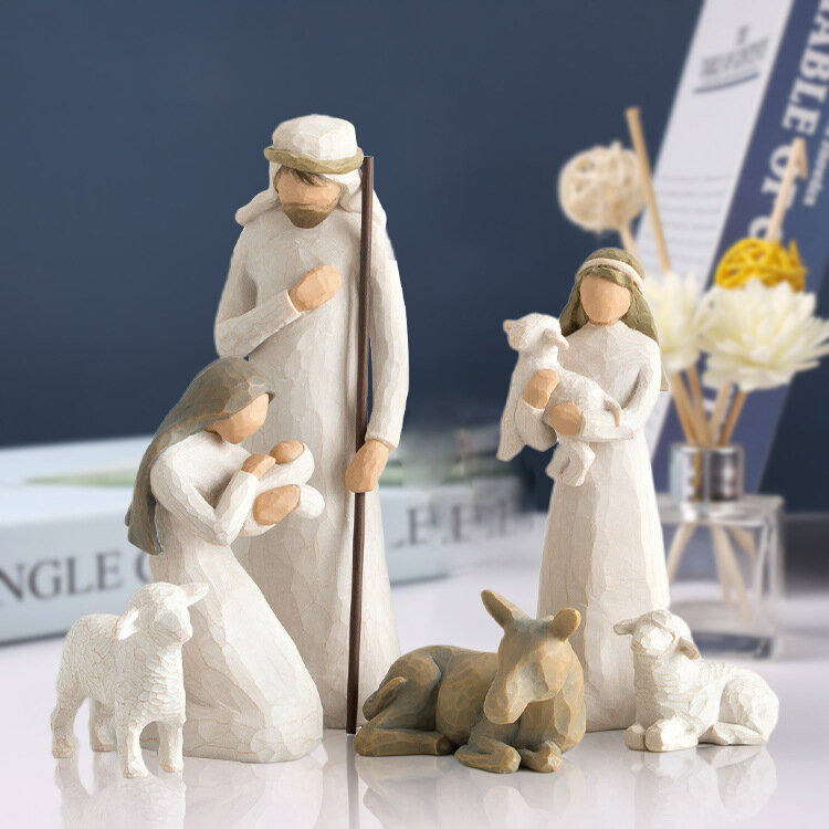 6ชิ้น/เซ็ตเรซิ่น Mini Nativity Scene Stable Figurine รูปปั้นพระเยซู Mary Joseph คาทอลิก Miniatures โบสถ์ตกแต่งบ้านเครื่องประดับข...
