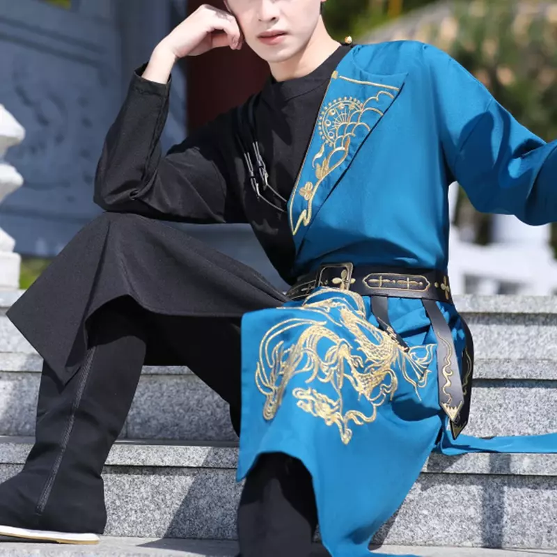 Vestido bordado de tótem de dragón de Color impactante para hombres, traje de Cosplay de estilo chino, cinturón bordado, disfraces étnicos tradicionales