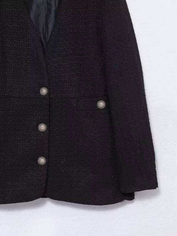Blazer feminino texturizado de peito único, casaco fino com gola V, bolsos de manga longa vintage, casacos femininos, moda chique, novo, 2023