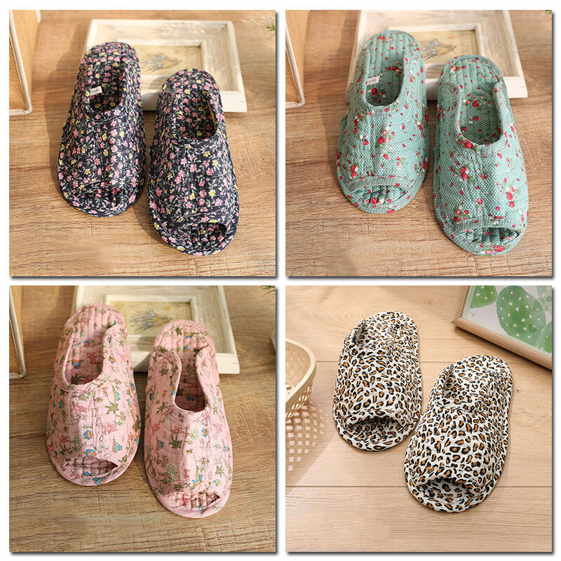 Floral Vintage Home Shoes Slippers Women Cotton Fabric House Slipper Sewing Comfy Flat Shoes Indoor Soft Non-Slip Floor Slippers