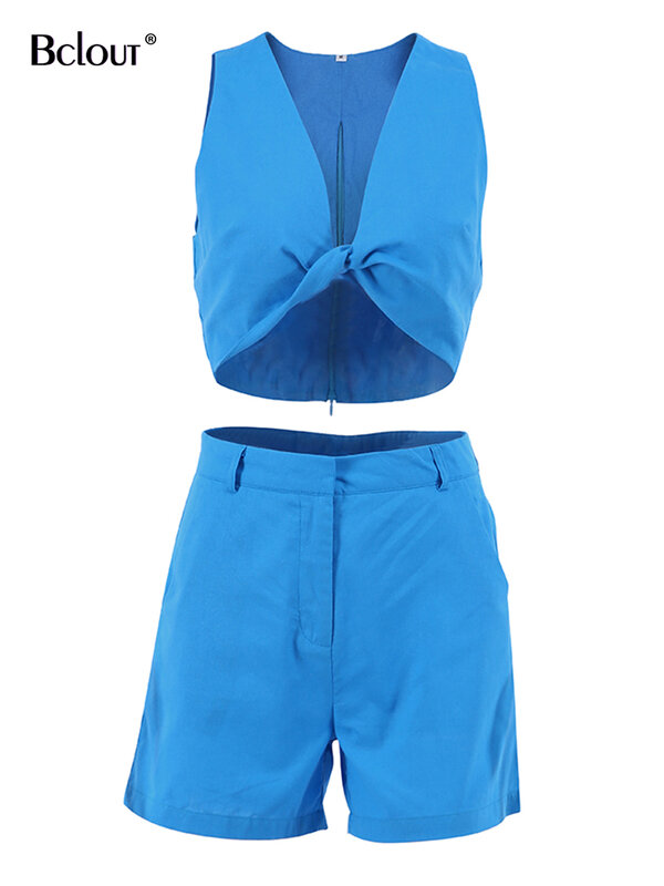 Bclout verão calções de linho azul define 2 peças roupas femininas 2023 férias com decote em v sexy colheita tops moda fina shorts retos terno