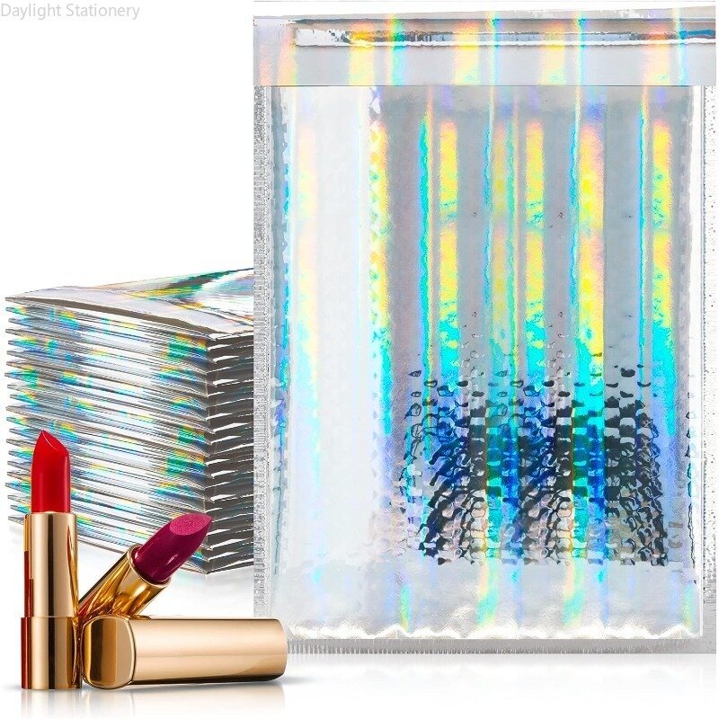 50 buah pembungkus gelembung metalik holografis kemasan hadiah glamor nuansa perak warna-warni bantalan Foil dilengkapi amplop pengiriman