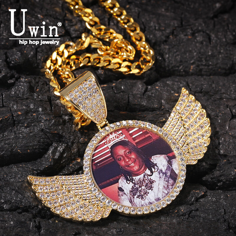 Uwin – pendentif Photo personnalisé avec chaîne de Tennis ronde et ailes pour hommes, bijoux hip hop, chaînes en Zircon cubique, cadeau