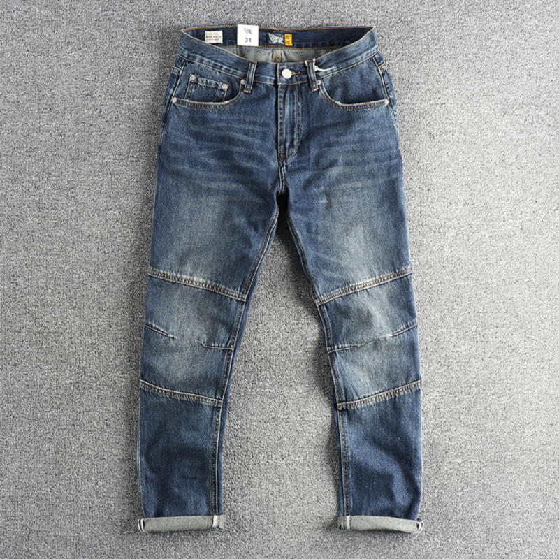 กางเกงยีนส์ตัดปะสามมิติสีฟ้าย้อนยุคใส่พอดีกับผู้ชายแฟชั่นกางเกงขาตรงเล็กทุกอย่าง