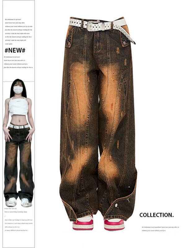 Pantalones vaqueros Vintage para mujer, Vaqueros holgados, estética Harajuku, de gran tamaño, cintura alta, rectos, Y2k 2000s, ropa desgastada