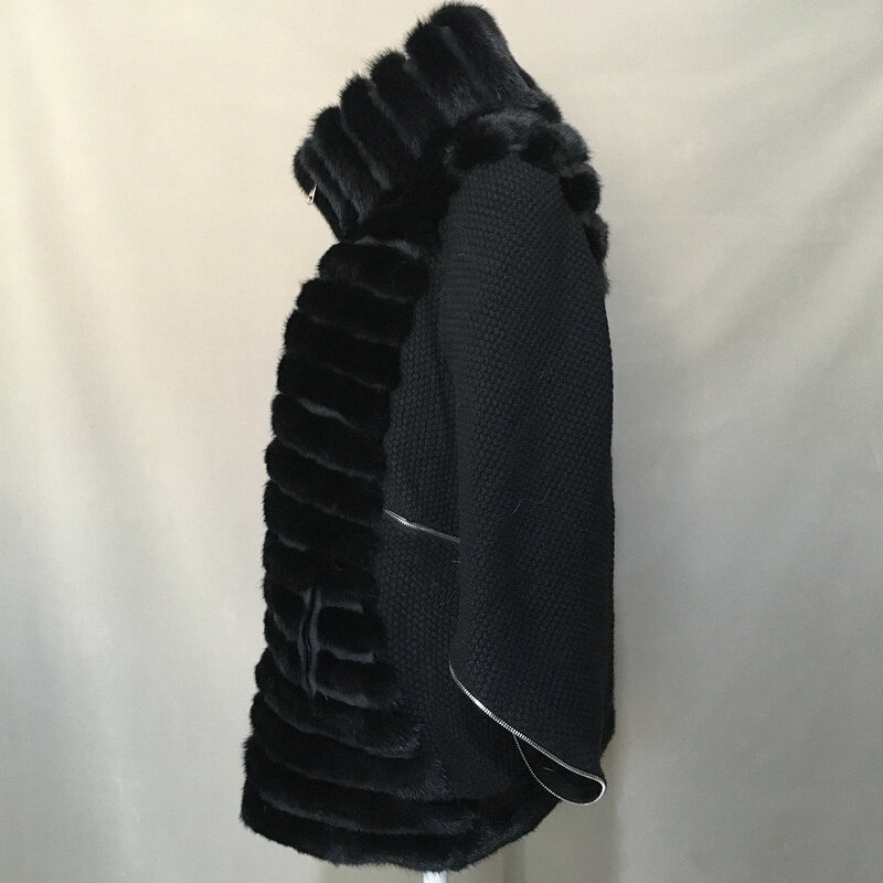 Mantel bulu cerpelai rajut ke bawah kelinci asli kain setengah lengan musim dingin wanita B210901