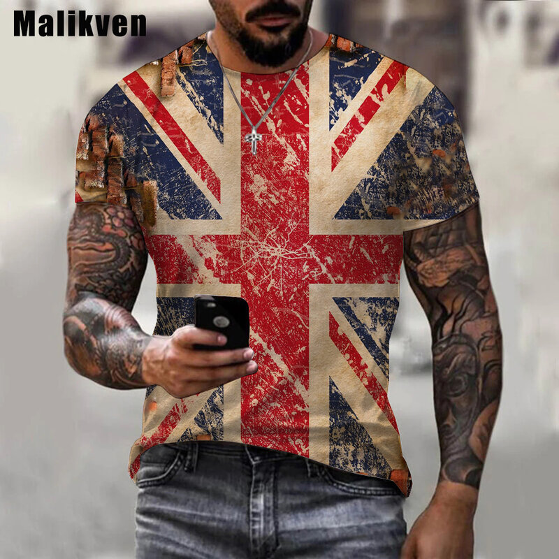 T-shirt col rond à manches courtes pour hommes, imprimé drapeau britannique en 3D, grande taille